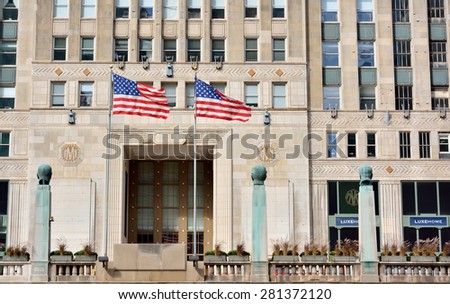 CHICAGO, USA - OCTOBER 6: Front door of Chicago Merchandise Mart beside Chicago river in downtown of Chicago, Illinois, in October 6th, 2014.Chicago is the biggest city in North of USA.