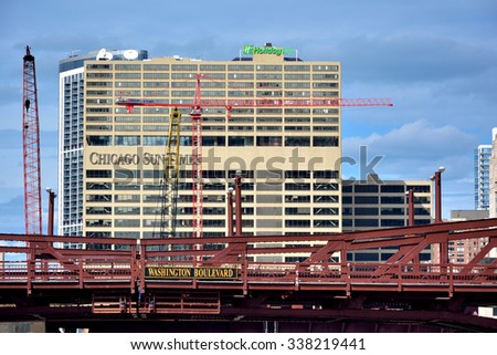CHICAGO, USA - OCTOBER 6: City views at entry of Michigan lake from Chicago river in downtown of Chicago, Illinois, in October 6th, 2014.Chicago is the biggest city in North of USA.