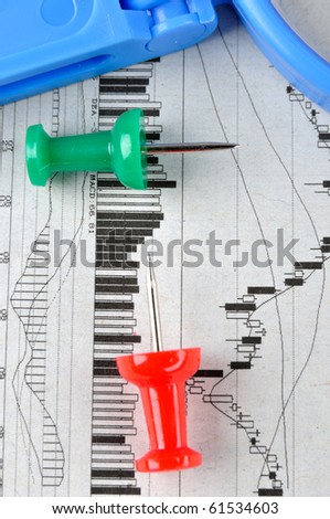 Magnifier and drawing pin on stock chart