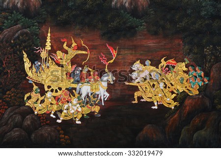Thai Mural Paintings on the wall, Wat Phra Kaew on October 11, 2015 in Bangkok, Thailand. The scenes of Ramayana story, the ancient Indian story are painted in the temple wall as the gallery.