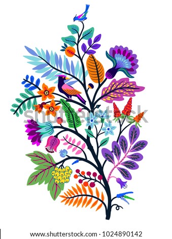 Vector Oriental motif of flowers. Original Floral design with of a woody vine with exotic flowers, tropic leaves and smaller birds. Tree of life Colorful flowers on a white background. Folk style.