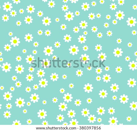 Seamless flower pattern. White daisies on a blue background. Small cute simple spring flowers. Blue background. Gift Wrap. Marguerite.