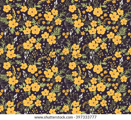 Beautiful pattern in small flower. Small yellow flowers.  Black background. Seamless floral pattern.