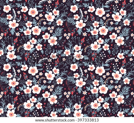 Cute pattern in small flower. Small white flowers.  Black background. Seamless floral pattern.
