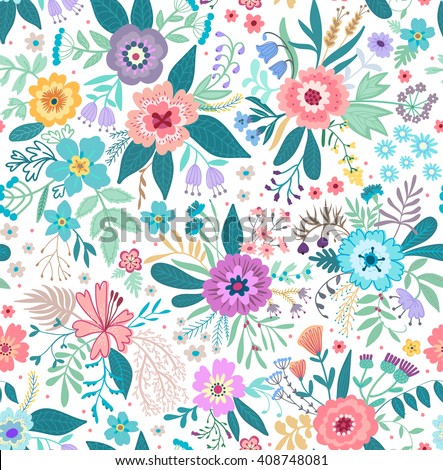 Beautiful pattern in small abstract flower. Small colorful  flowers. White background. Small cute simple spring flowers.