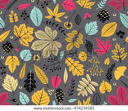 Autumn seamless pattern with leaf, autumn leaf background. Abstract leaf texture. Cute backdrop. Leaf fall. Colorful leaves. Dark gray background. The elegant the template for fashion prints. Vector.