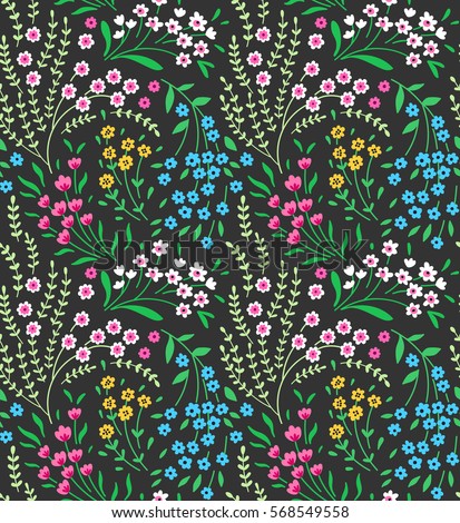 Cute seamless pattern in small flower. Small pink, yellow and blue flowers. Dark green background. Ditsy floral style. The elegant the template for fashion prints.