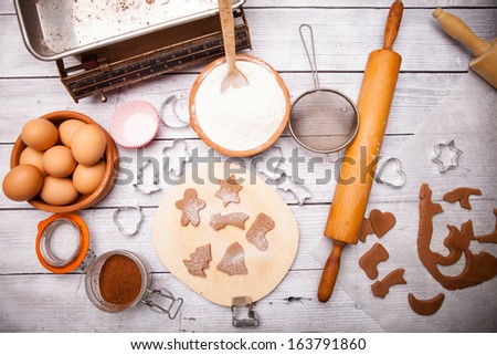 Baking ingredients for Christmas cookies and gingerbread