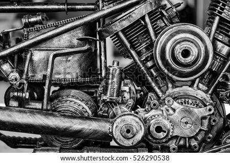 Old motorcycle engine block, Black and Whit tone, monochrome. selective focus.