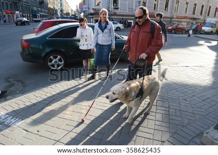 St. Petersburg, Russia - May 29, 2012: A blind man of 50 years during training walking around the city with the help of a guide dog breed Labrador on the main street.