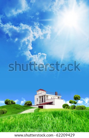Landscape with a summer cottage on a grassland under sky with clouds