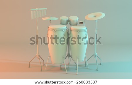3D model of a percussion kit on an empty white room.\
A percussion set that contains instrument such as congas,\
cymbals, bongos, cowbell .\
Created with 3d software, white color for a minimalist mood.