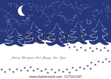 blue and white christmas background with trees silhouettes, cat paws and moon by night