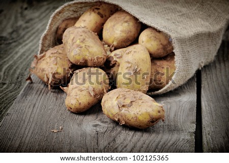Bag of organic potatoes on a wooden background