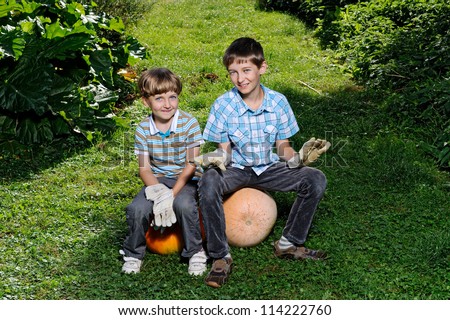 Two brother with big yellow pumpkin