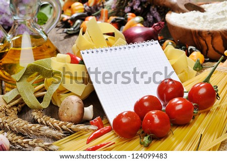 Note surrounded with pasta ingredient for menu or receipt text