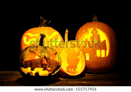 Halloween pumpkin head jack lantern with scary evil faces spooky holiday