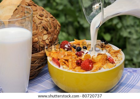 Crusty bread, glass of milk and bowl of cornflakes and fresh berries in an outdoor setting - a healthy breakfast in the garden.