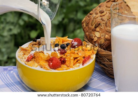 Crusty bread, glass of milk and bowl with cornflakes and fresh berries in an outdoor setting - a healthy breakfast in the garden.