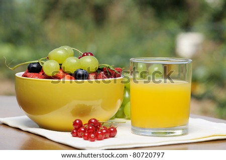 glass of orange juice and bowl of fresh berries in an outdoor setting - a healthy breakfast in the garden.