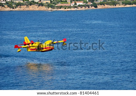 rescue aircraft landing on the sea to put water in. operation to extinguish a forest fire.
