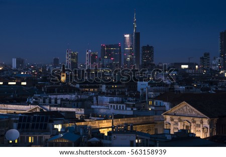 Milan skyline with modern skyscrapers in Porta Nuova business district in Milan, Italy. Night view.