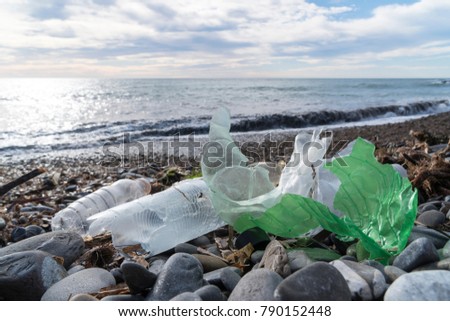 Marine pollution: plastic waste on the beach.