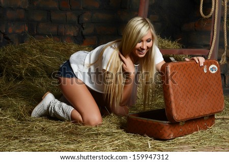 The beautiful woman with suitcase on hay