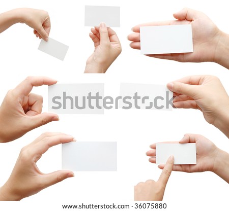 Set of hand holding an empty business card over white Set of hand holding an empty business card over white