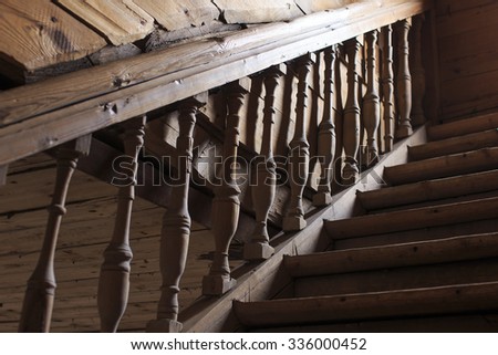 old wooden staircase railing. handrails, balusters and stair old wooden stairs
