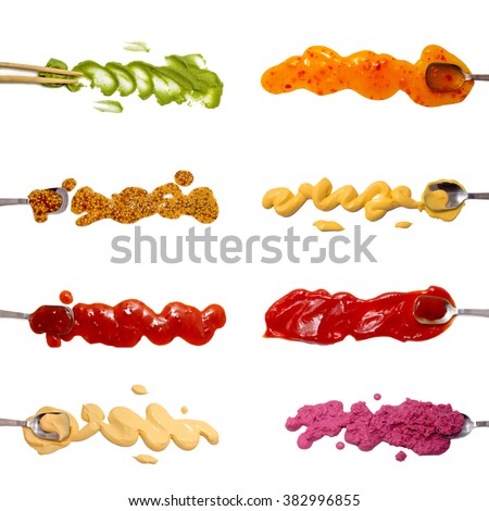 Set of 8 savory sauces and dips isolated on white. Wasabi, mustard, salsa, mayonnaise, sweet and sour sauce, cheese sauce, ketchup, horseradish red sauce. Set for menu. flat lay, top view