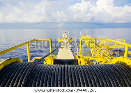 Crane winch, Steel wire rope drum on crane offshore wellhead platform, Energy and petroleum industry