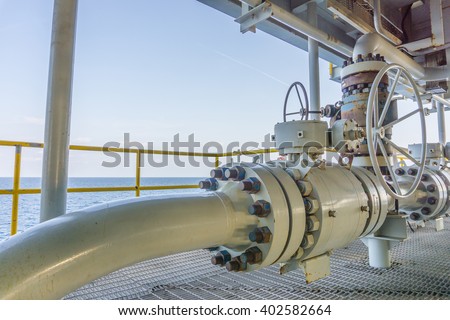 Pipeline production and control valve for oil and gas process, Pipeline construction on offshore wellhead remote platform, Energy and petroleum industry.
