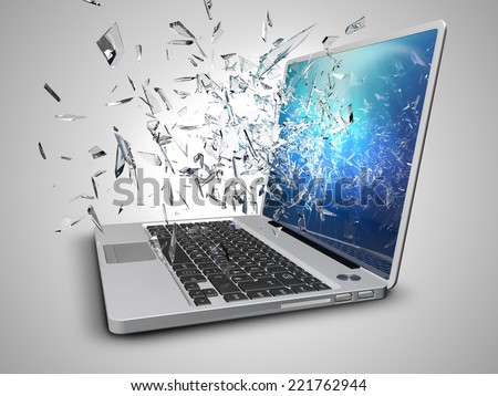 laptop with broken screen isolated on white background