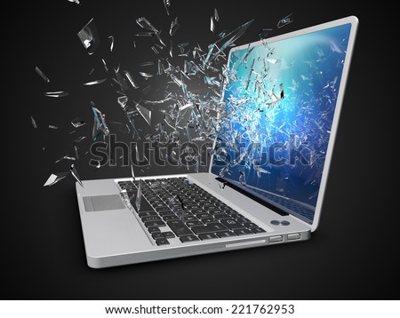 laptop with broken screen isolated on black background