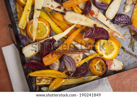 root vegetables baked in the oven with olive oil and spices and herbs