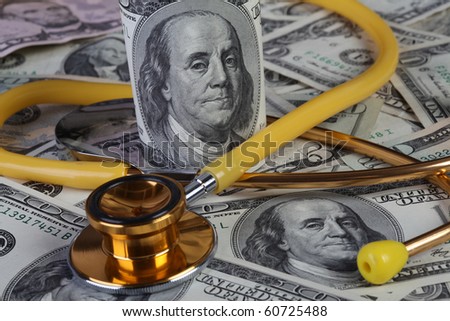 Dollar bills with the face of Benjamin Franklin and a yellow stethoscope. Illustration for health costs, health service, health care