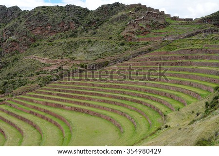 Terraced fields in the Inca archeological area of Pisac, Peru. The Inca constructed agricultural terraces on the steep hillside, which are still in use today.