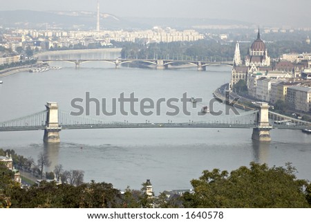 View on Danube with hungarian parliament and part of chain bridge. Point of interest in hungary