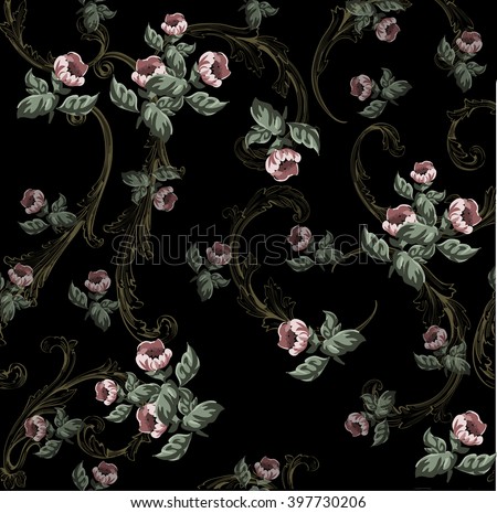 Small flowers pattern  with baroque swirls in vintage style