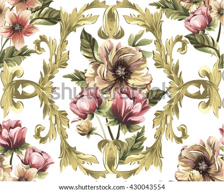 Pattern with Gold baroque swirls, scrolls, damasks and bouquet of flowers,tulip,peony, narcissus on white