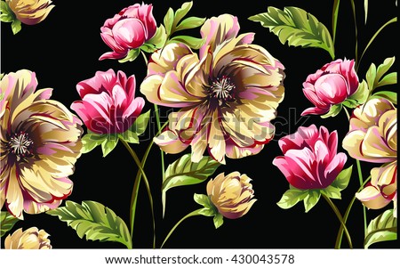 Pattern with bouquet of flowers,tulip,peony, narcissus on black