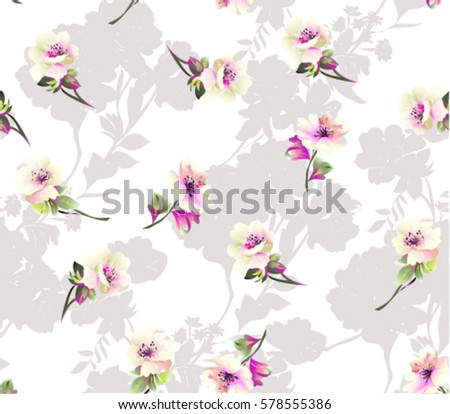 Pattern with  small spring flowers on white background with flower silhouette