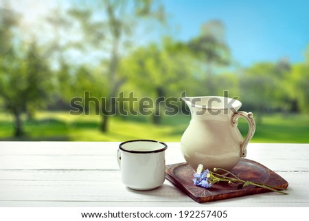Old milk jug and mug on sunny country field and forest background