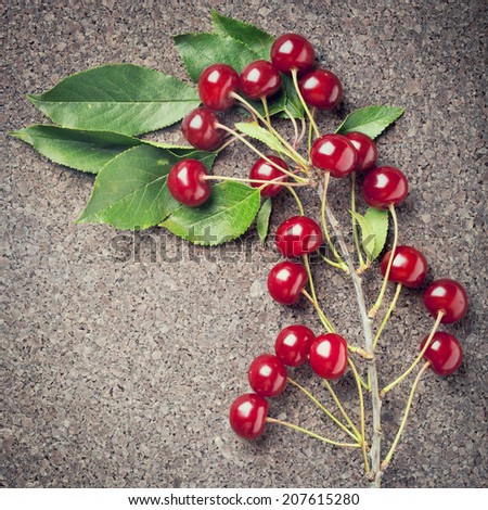 Branch of cherry berries over wood background. Branch of cherry berries on wooden background