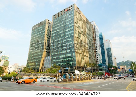 Seoul, South Korea - JULY 10, 2015: High-rise office buildings in business district of Seoul