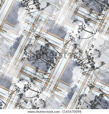 Seamless pattern tartan design. Creative background with stripes, flowers and watercolor effect. Textile print for bed linen, jacket, package design, fabric and fashion concepts.