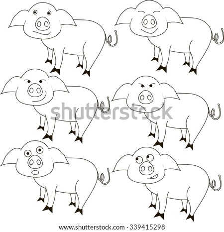 Sketch of the pig with different emotions: happy, confused, angry, astonished, clever, confused. Black lines on white background, design element, clip art