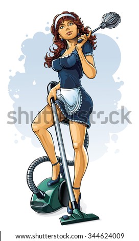 Beauty House Maid With Duster And Vacuum Cleaner In Hands Beauty Sexy