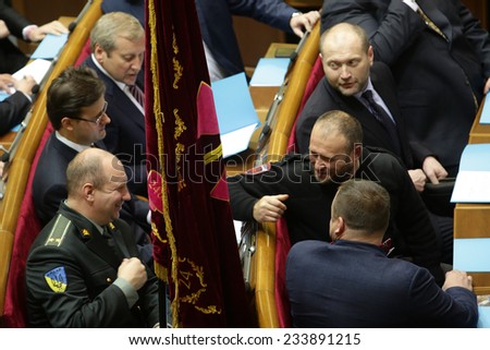 Leader of political party \'Right Sector\' (Pravyi Sector) Dmytro Yarosh (Centre right) arrives for the oath ceremony at the Parliament in Ukraine.  27 November 2014 Kiev, Ukraine.
